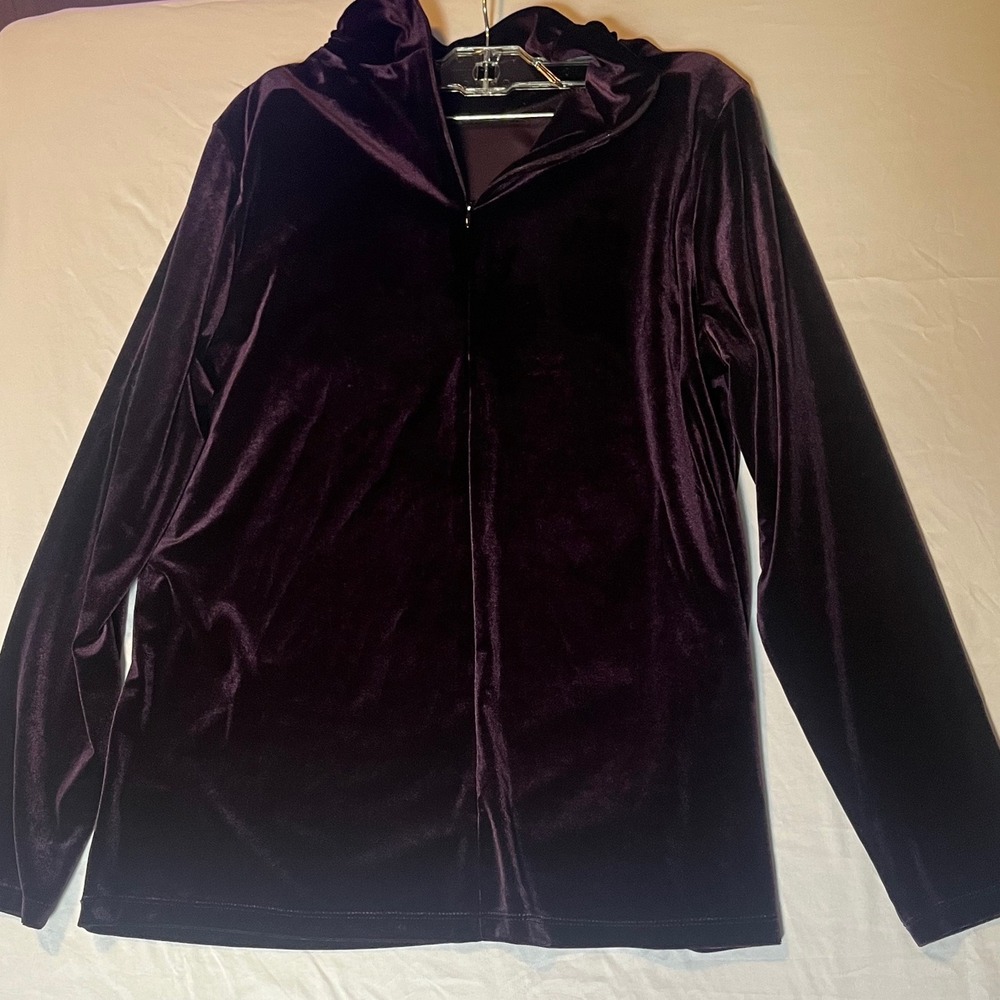 Susan Graver Purple Velvet Hooded Zip Up Jacket Medium Plum Velour
